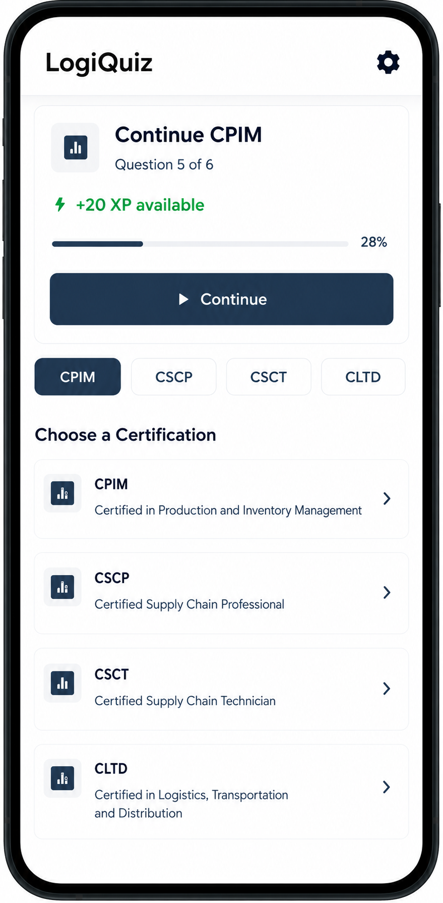 Placeholder LogiQuiz mobile quiz screen for APICS certification practice